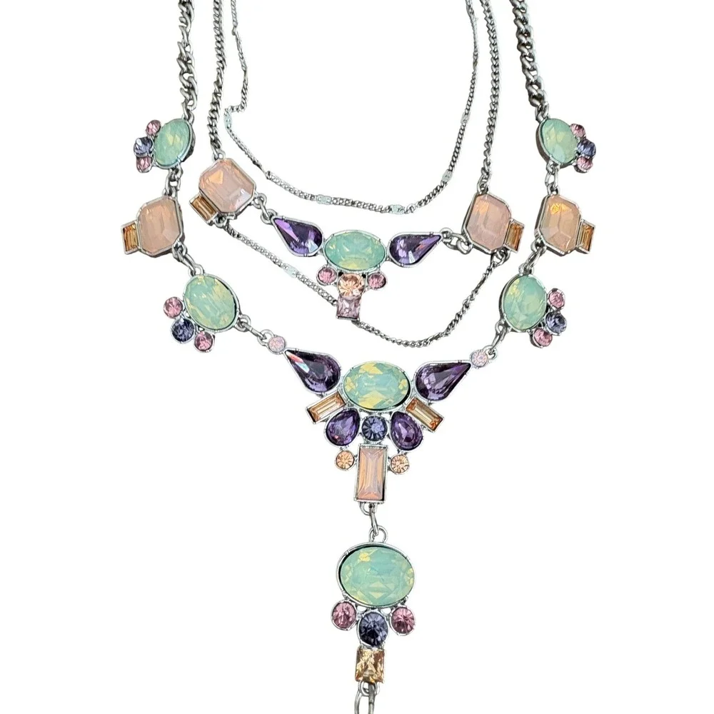 GUESS Silver Tone Layered Statement‎ Necklace Pastel Crystal Bib Multi Chain Y2K
